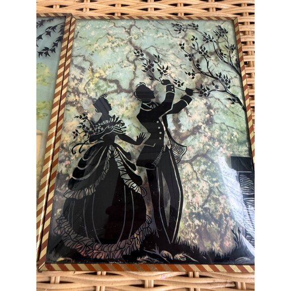 Vintage 40's Pair Reverse Painted Silhouette Pictures Convex Trees Convex Glass - Picture 6 of 11